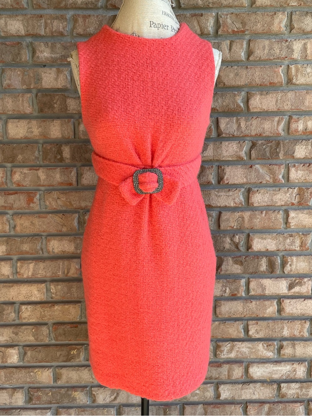Milly New York Vintage Sleeveless Tweed Coral Sheath Dress with Waist Belt.